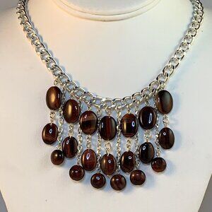 Silver Tone Curb Chain With Oval Tiger Eye Beads Choker Bib Necklace (NA96)